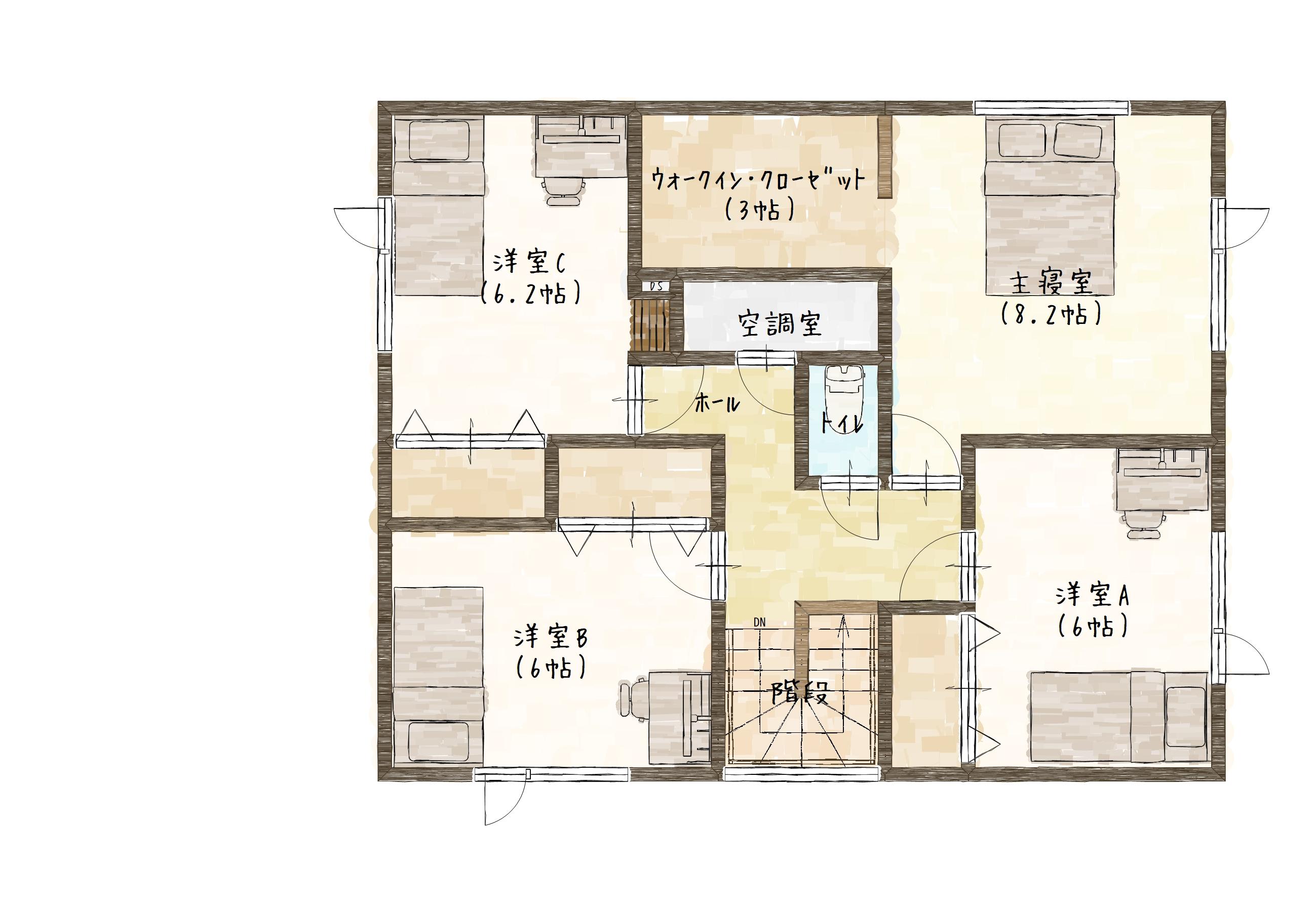 2階間取り図（主寝室8.2帖・洋室6帖×2・洋室6.2帖）